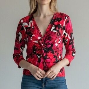 Josephine Studio Womens Red Floral Twist Front V-Neck 3/4 Sleeve Top Large